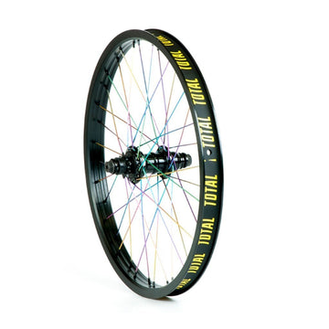 Total BMX Techfire Cassette Rear Wheel - Black With Rainbow Spokes 9 Tooth at . Quality Rear Wheels from Waller BMX.