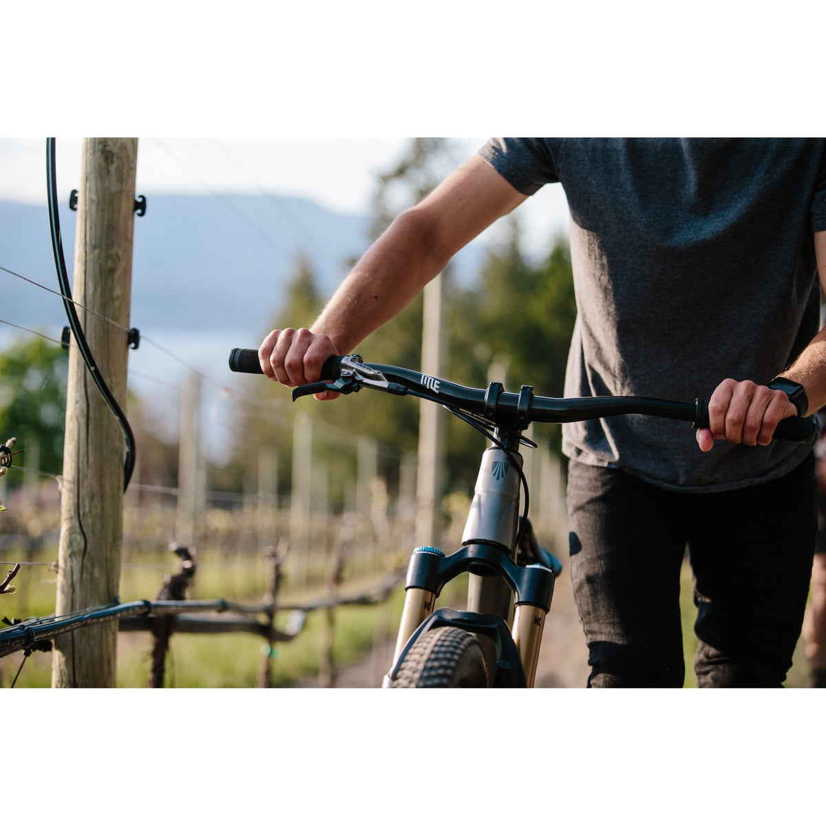 AH1 31.8 - Title MTB Black Aluminum Mountain Bike Handlebar Mounted On Bike