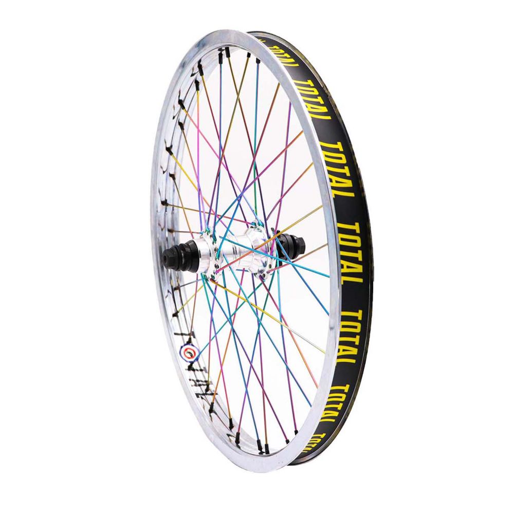 Total BMX Techfire Cassette Rear Wheel - Chrome With Rainbow Spokes 9 Tooth - Waller BMX