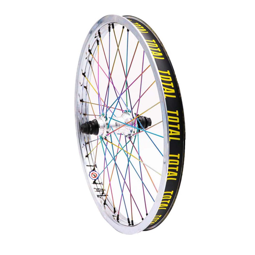 Total BMX Techfire Cassette Rear Wheel - Chrome With Rainbow Spokes 9 Tooth