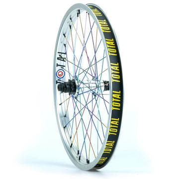 Total BMX Techfire Cassette Rear Wheel - Silver With Rainbow Spokes 9 Tooth at . Quality Rear Wheels from Waller BMX.