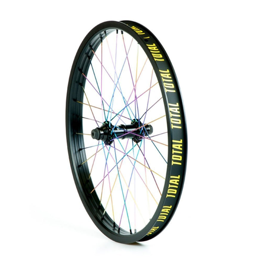 Total BMX Techfire Front Wheel - Black With Rainbow Spokes 10mm (3/8") at . Quality Front Wheels from Waller BMX.