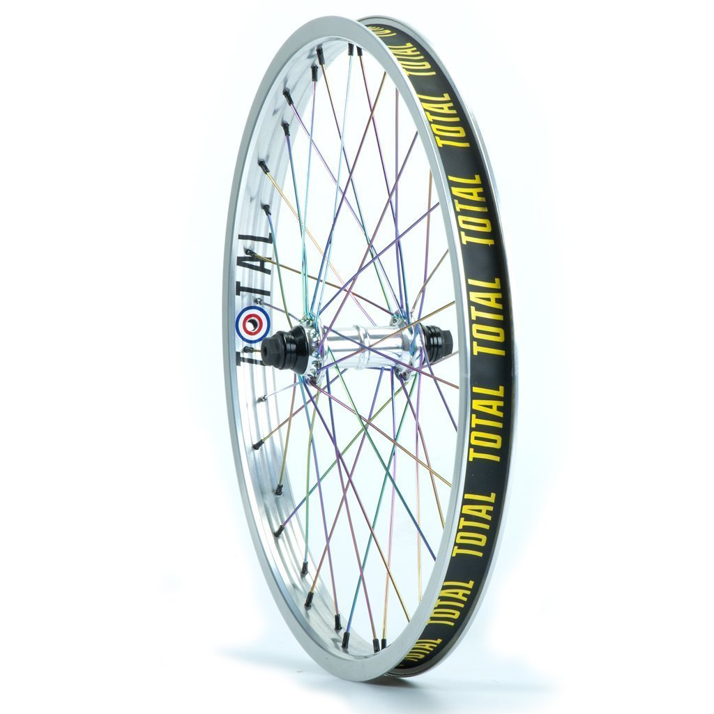 Total BMX Techfire Front Wheel - Silver With Rainbow Spokes 10mm (3/8") at . Quality Front Wheels from Waller BMX.